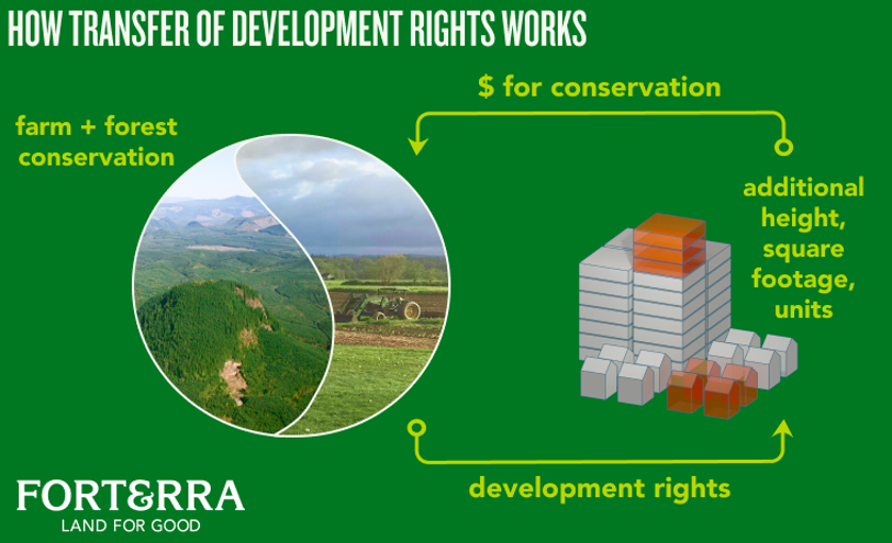 A graphic illustrating how transfer of development rights work. 