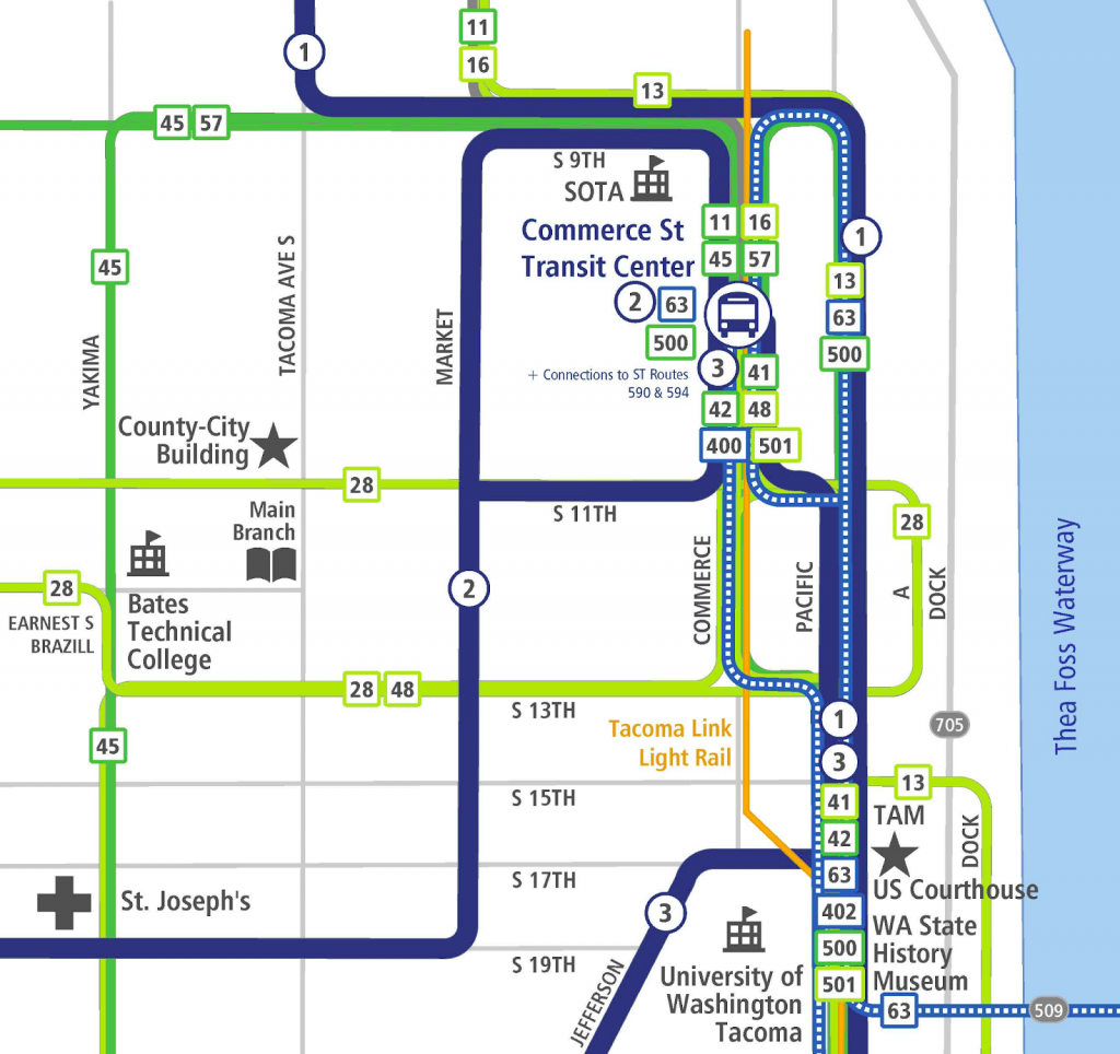 A map of the Pierce Transit bus routes in downtown Tacoma. 