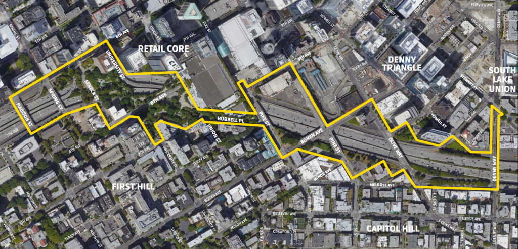 A satellite view of the city with the area around I-5 highlighted in yellow between Madison and Denny Way