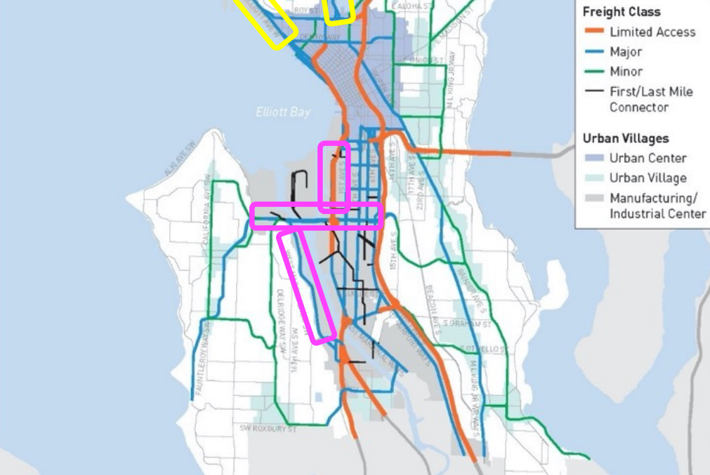 Map of Seattle from downtown south, with boxes around the listed streets and trucks streets drawn in