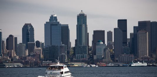 A photo of a water taxi in Elliot Bay near Downtown Seattle