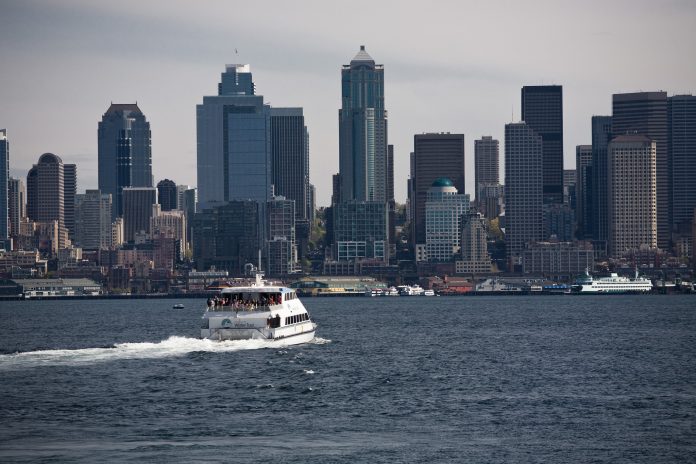 A photo of a water taxi in Elliot Bay near Downtown Seattle