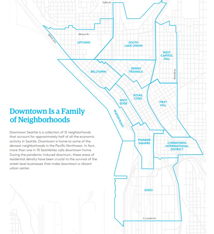 "Downtown is a family of neighborhoods," a title exclaims. "Downtown Seattle is a collection of 12 neighborhoods that account for approximately half of all the economic activity in Seattle. Downtown is home to some of the densest neighborhoods in the Pacific Northwest. In fact, more than one in 10 Seattleites calls downtown home. During the pandemic-induced downturn, these areas of residential density have been crucial to the survival of the street-level businesses that make downtown a vibrant urban center." The map shows the outline of Uptown, South Lake Union, West Capitol Hill, Chinatown-Internation District, SoDo, Pioneer Square, Waterfront, West Edge, and the Retail Core.