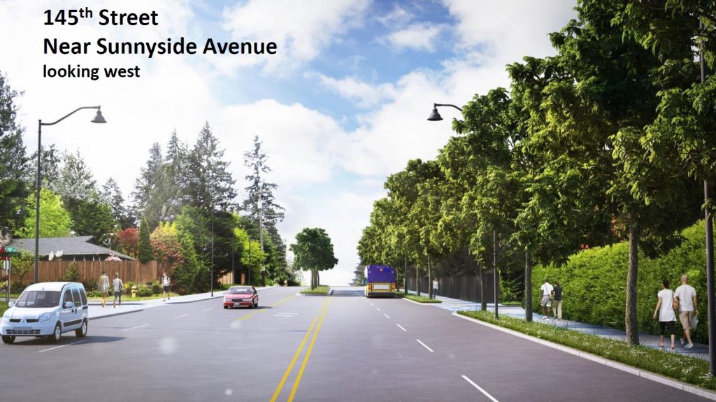 3D rendering showing a wide turn lane with a new sidewalk on the north side of the street