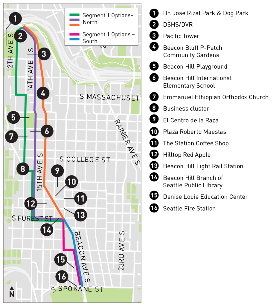 Map showing the different options for both the north and south segments of segment 1.