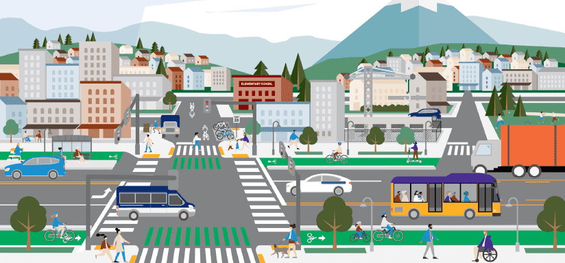 A cartoon graphic of a city with busy streets with cars and transit. There are also bike lanes, and at intersections, pedestrian crossings. 