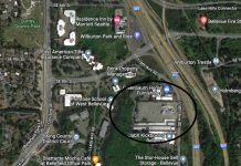 Microsoft Helps Fund 235 Affordable Homes Near Bellevue’s East Main Transit District An aerial map showing a lot highlighted with a circle near I-405.