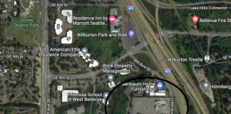 An aerial map showing a lot highlighted with a circle near I-405.