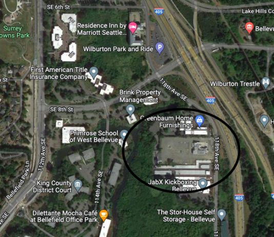 Microsoft Helps Fund 235 Affordable Homes Near Bellevue’s East Main Transit District An aerial map showing a lot highlighted with a circle near I-405.