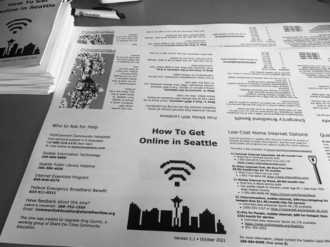 Upgrade King County A black and white photo of a flyer instructing how to get online in Seattle.