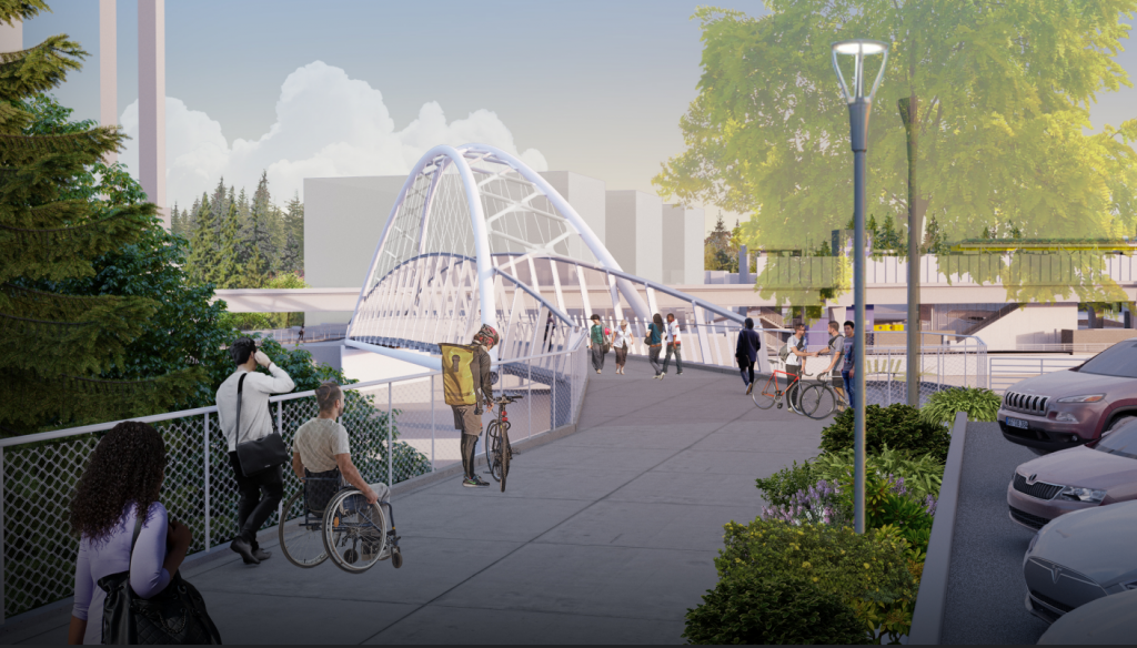 A rendering of people on bikes, walking, and in wheelchairs using a pedestrian bridge, next to a parking area