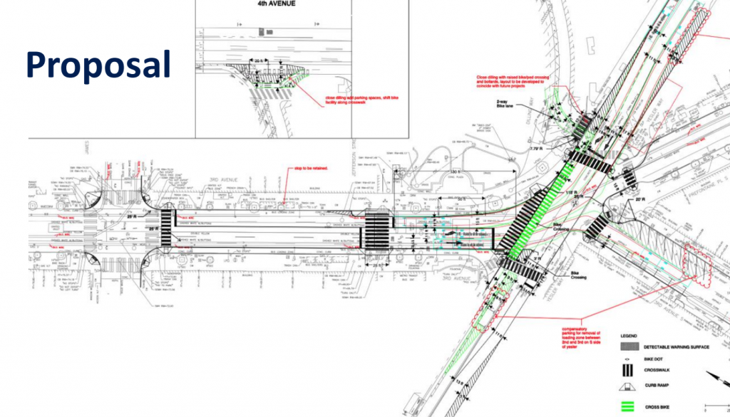 Blueprint drawing with green markings showing path of bike travel through 3rd and Yesler Intersection