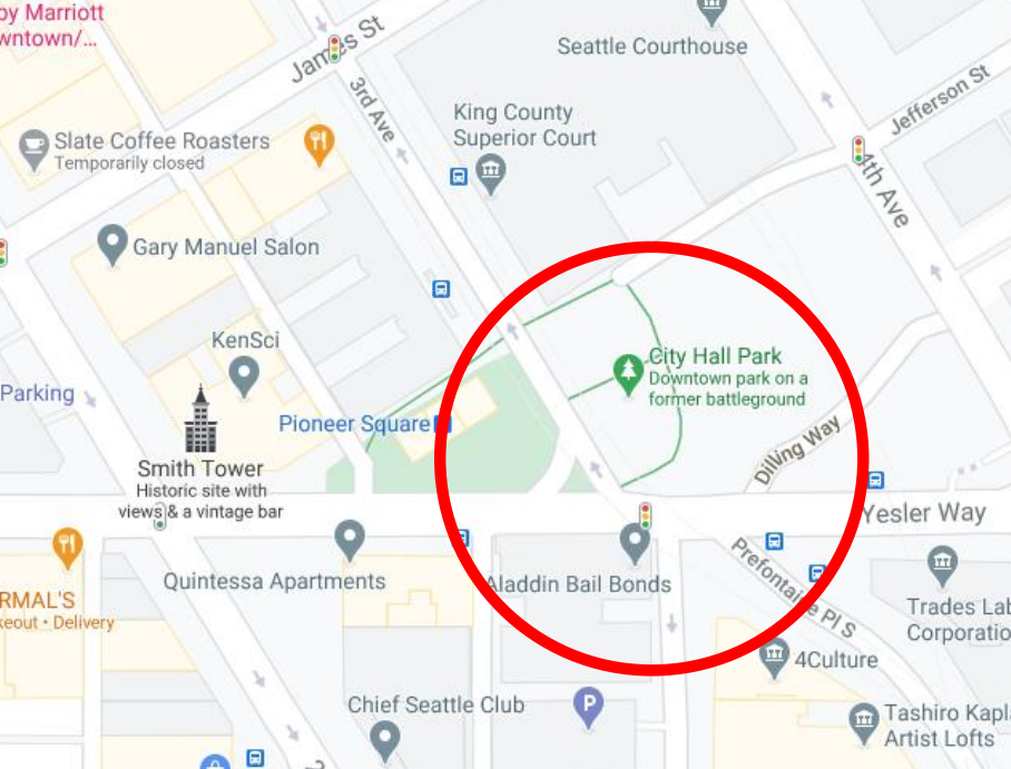 Google map with intersection of 3rd and Yesler highlighted