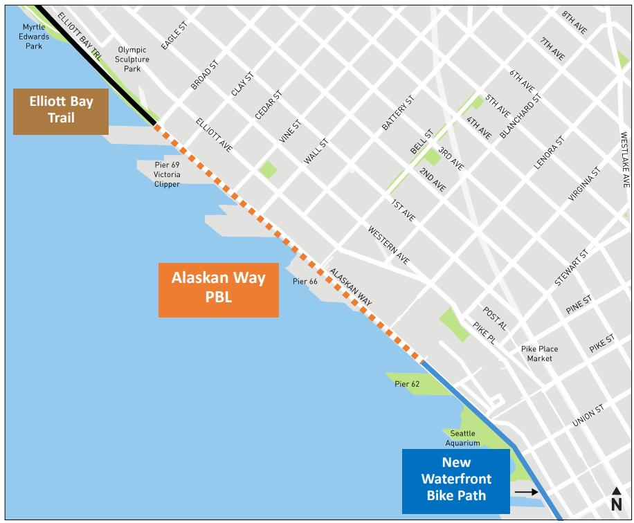Map  of north downtown showing orange dotted line for final bike connection