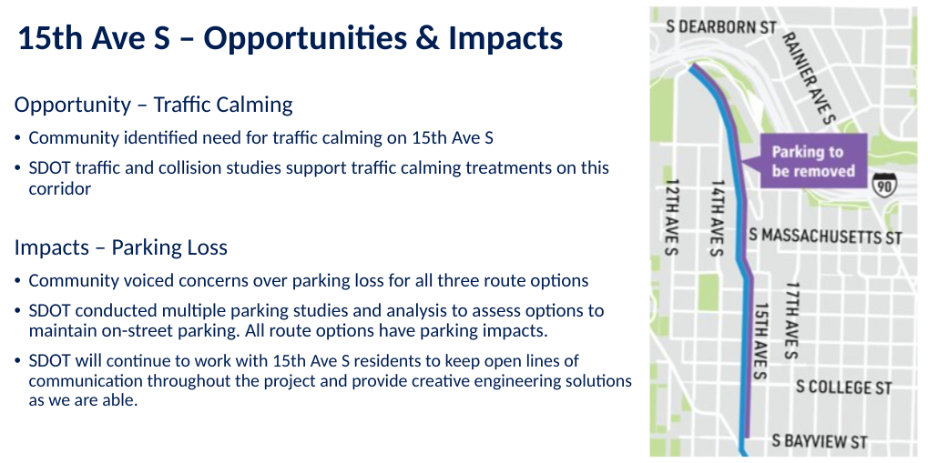 Graphic showing map of project and details on traffic calming and parking loss.