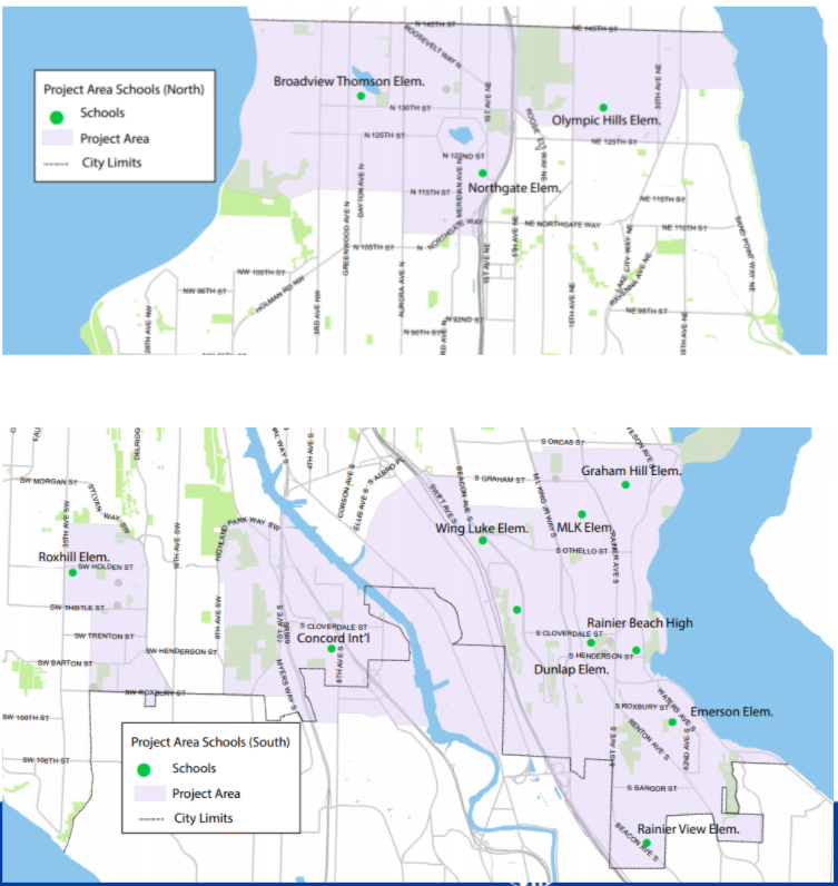 Map of north and south Seattle with walksheds around schools highlighted