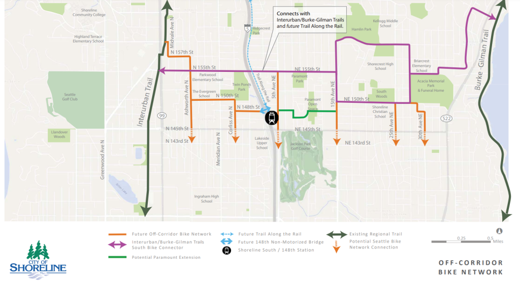 A map showing people on bikes directed away from NE 145th to neighborhood streets, with a purple line showing NE 155th Street, a paint bike lane and the off street trails in the area