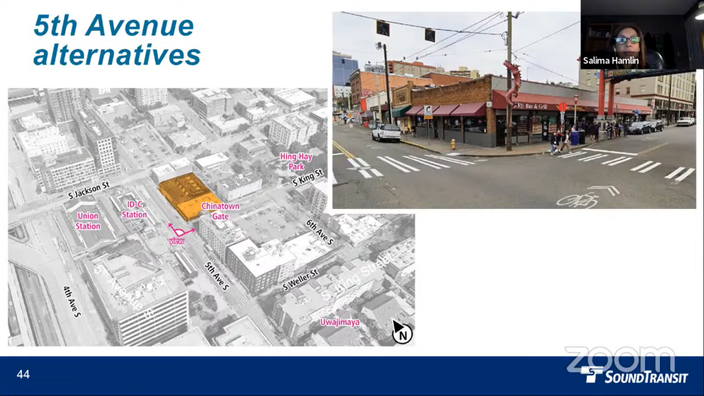 The block north of the Chinatown Gate is highlighted in orange with a breakout image in a Sound Transit presentation.