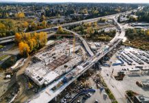 Build Light Rail In-Road Instead of Demolishing Housing, Balducci Urges Sound Transit Trees have their fall colors near the track pulling into Downtown Lynnwood Station.