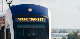 A photo of a light rail train car