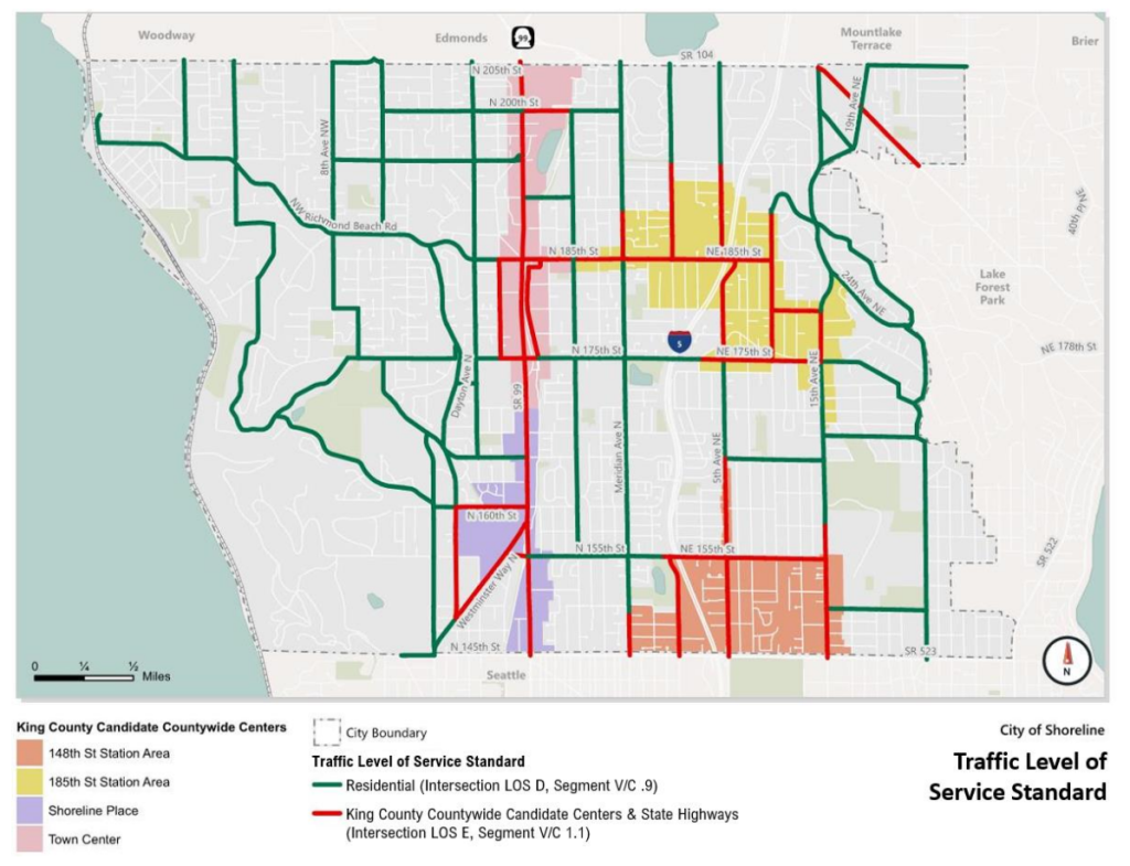 Map of Shoreline with growth centers highlighted and streets through them noted