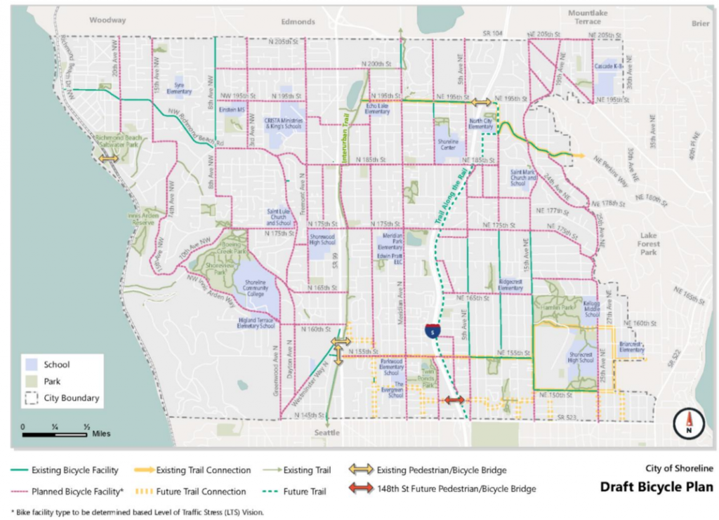 Map of citywide bike map in Shoreline with existing facilities connected by proposed routes