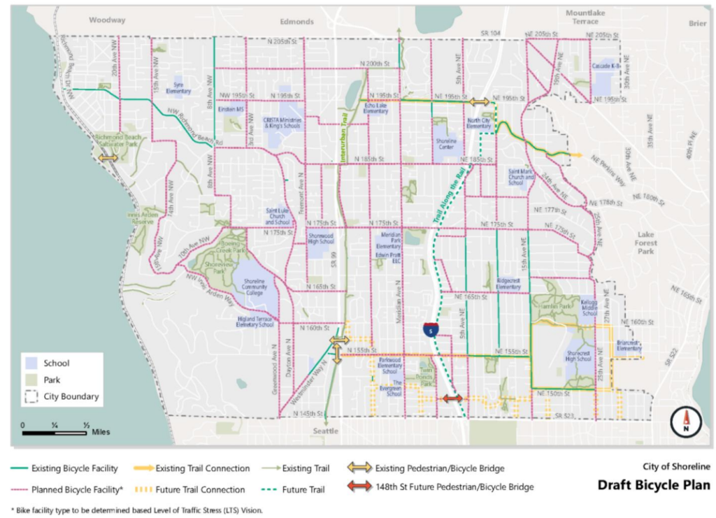 Map of citywide bike map in Shoreline with existing facilities connected by proposed routes