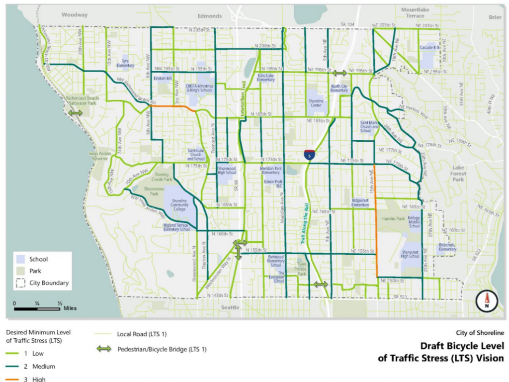 Map of proposed arterial bike network: most streets are green or blue with a few orange (tier 3) streets as described