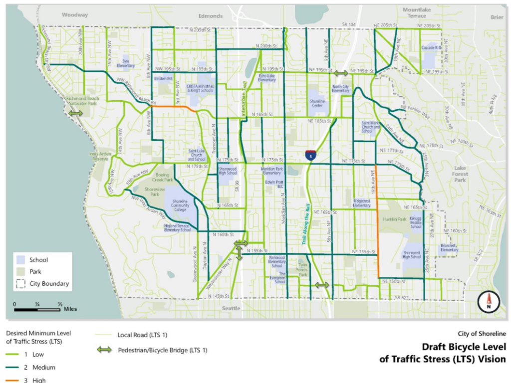 Map of proposed arterial bike network: most streets are green or blue with a few orange (tier 3) streets as described