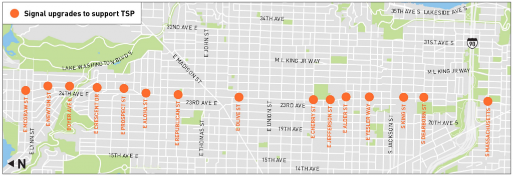 A map showing orange circles showing the 15 major intersections along 23rd and 24th where transit signal priority will be added