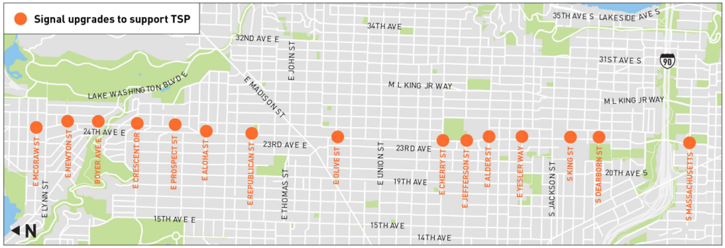 A map showing orange circles showing the 15 major intersections along 23rd and 24th where transit signal priority will be added