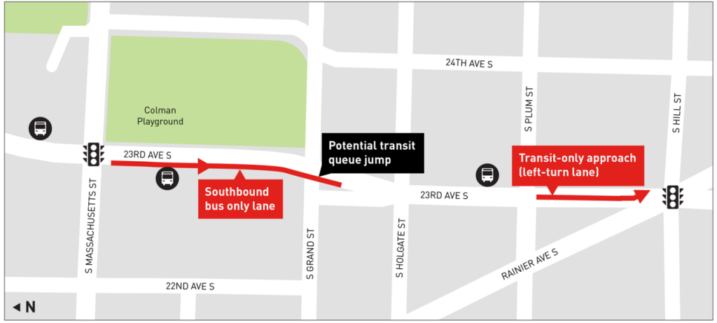 An illustration of the two stretches of bus lanes near Rainier Ave on a map