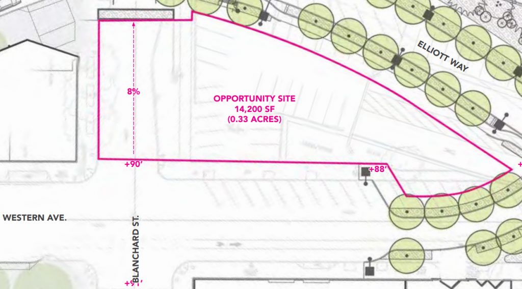 A blueprint highlighting the property next to the four lane Elliott Way. Included in the opportunity site is the Blanchard right of way