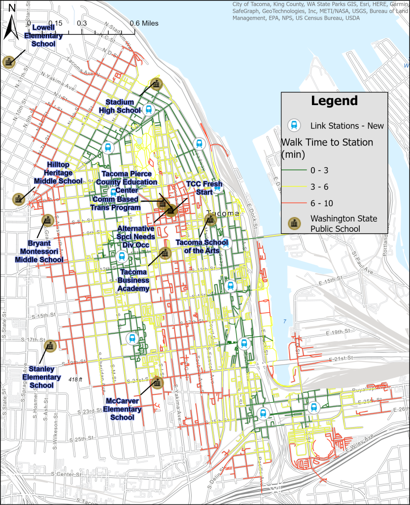 Schools in Tacoma placed on a map of the planned extension's walkshed