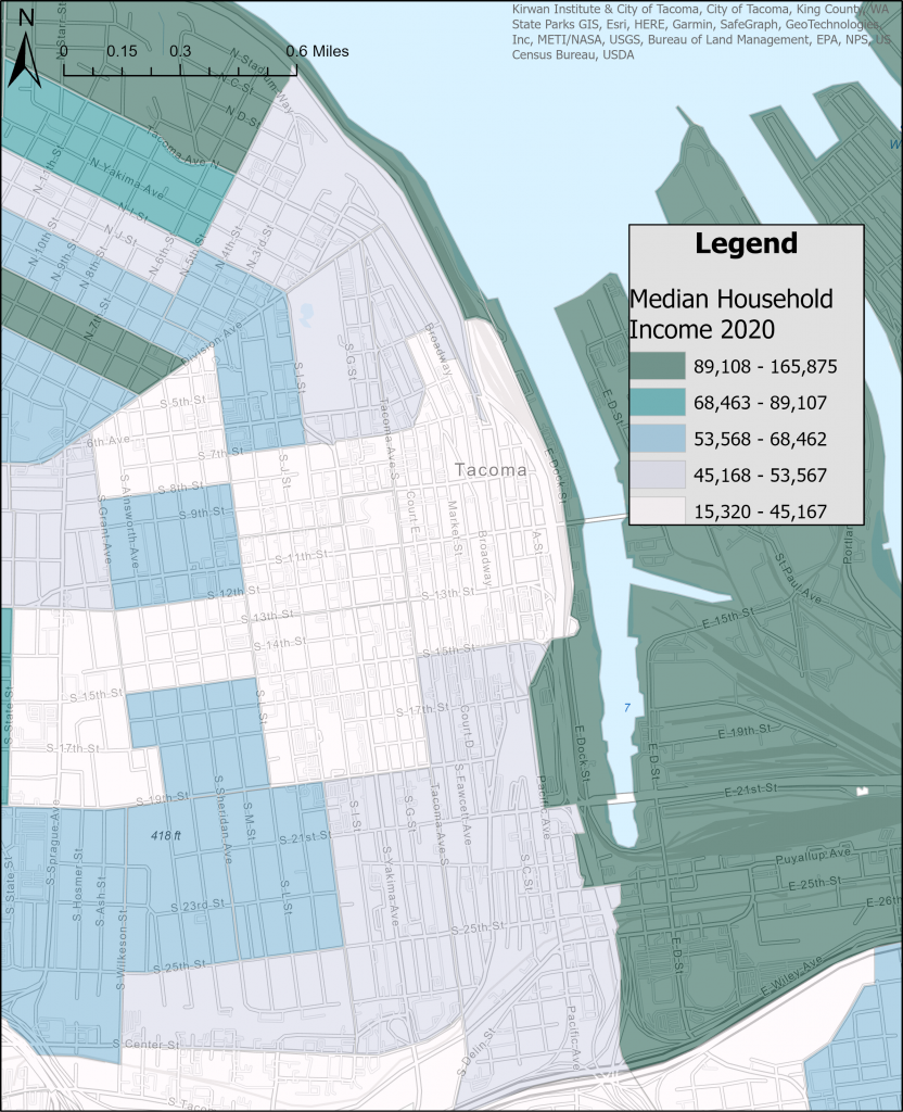A map of the Hilltop and downtown area with median income plotted