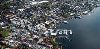 an aerial view of Kirkland showing the downtown near the waterfront and some close by residential neighborhoods.