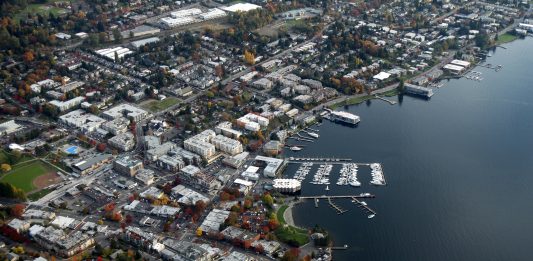 an aerial view of Kirkland showing the downtown near the waterfront and some close by residential neighborhoods.