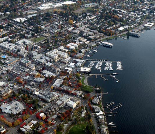 Master Builders’ Association Files Lawsuit Against New Kirkland Tree Codes an aerial view of Kirkland showing the downtown near the waterfront and some close by residential neighborhoods.