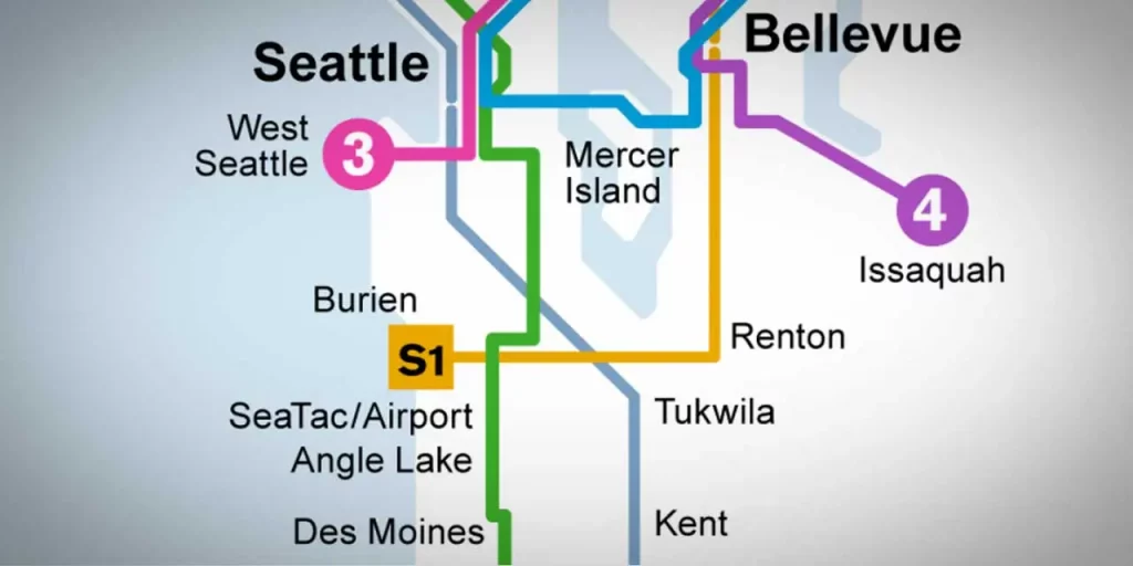 A stylistic Sound Transit branded map with the S1 line clearly shown between Bellevue and Burien