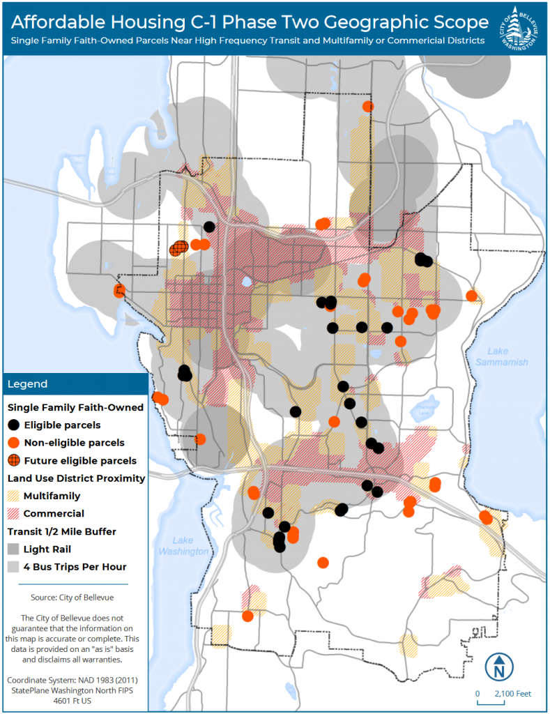 A map of faith owned properties in Bellevue with some eligible for rezones but many not
