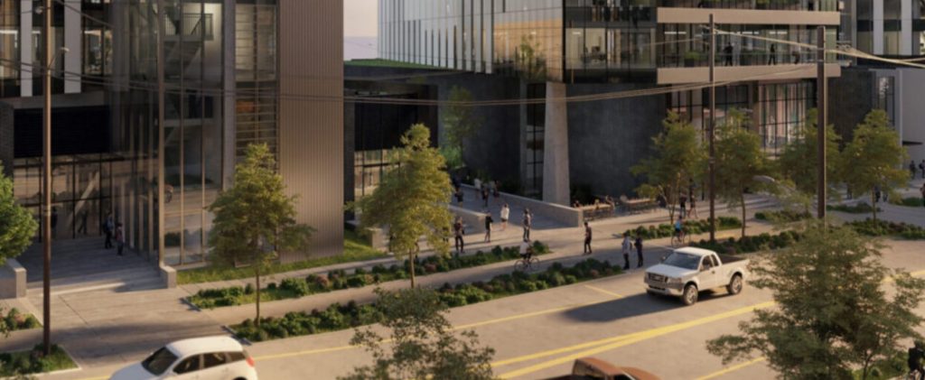 A 3D rendering showing a two lane street with bike lane separated by foliage and a large office building in background