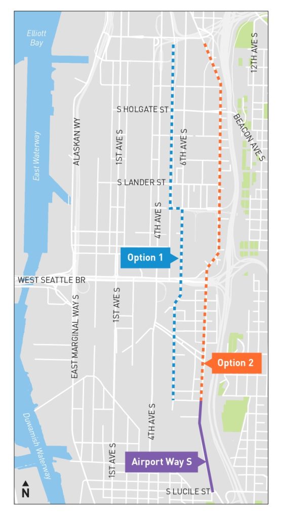 Two dashed lines on a map showing the two options as described