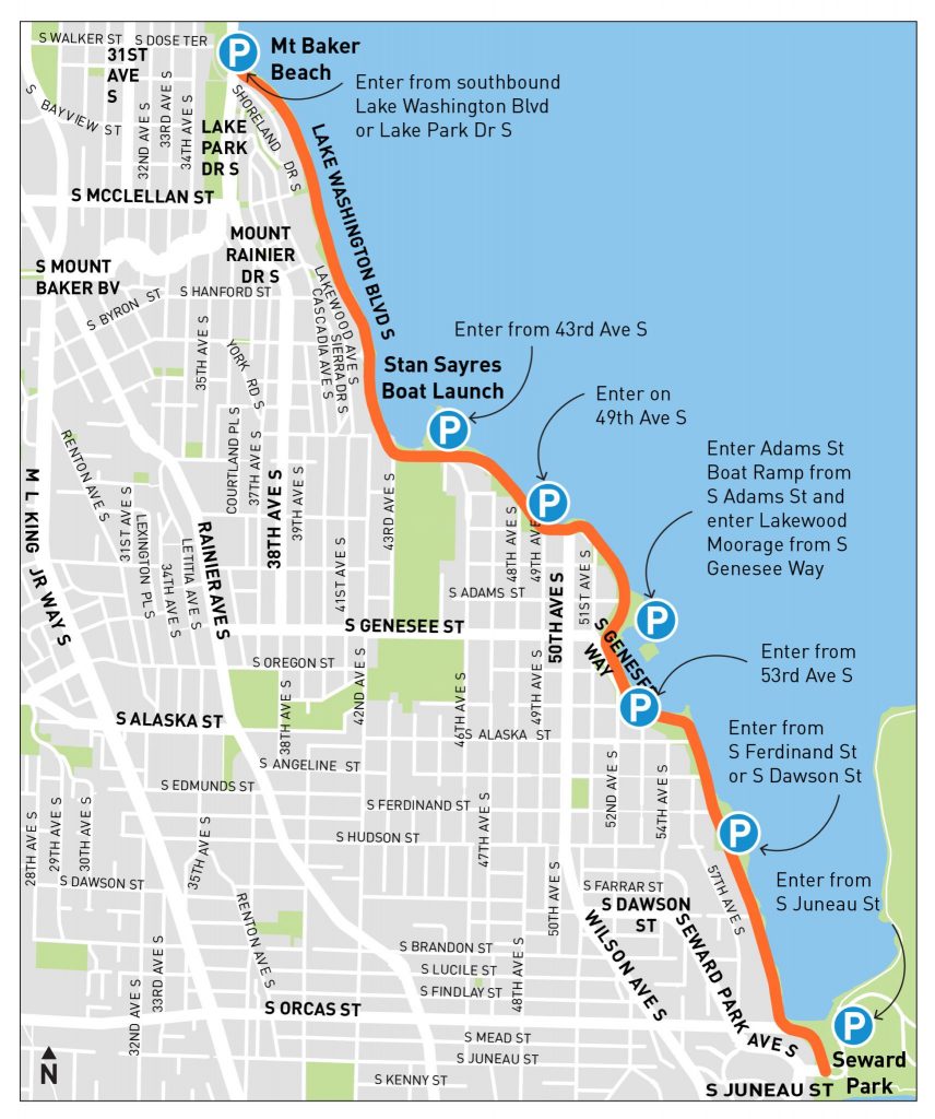 A map showing Lake Washington Boulevard highlighted between the two end points with parking lots and how to access them