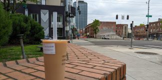 Milk tea and towers and construction in the background