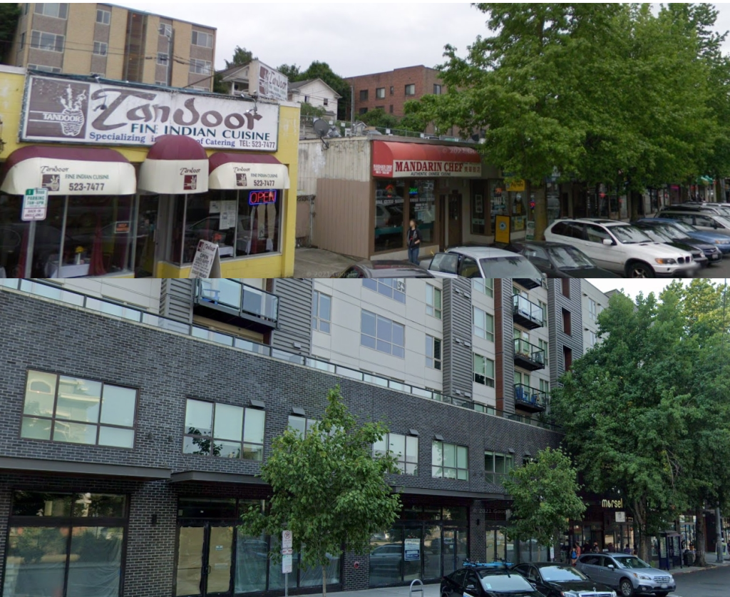 Before and after of the construction of an apartment building, with the commercial tenants swapped to more East Asian varieties