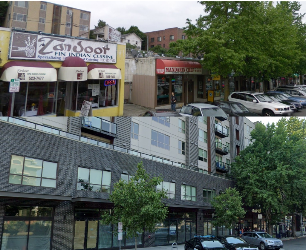 Before and after of the construction of an apartment building, with the commercial tenants swapped to more East Asian varieties 