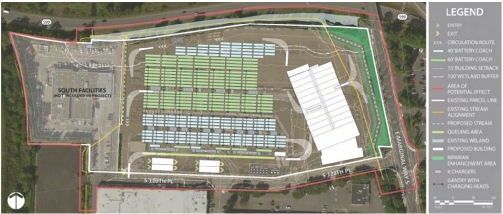 A rendering of a new bus base with spaces for dozens of buses shown along with facilities