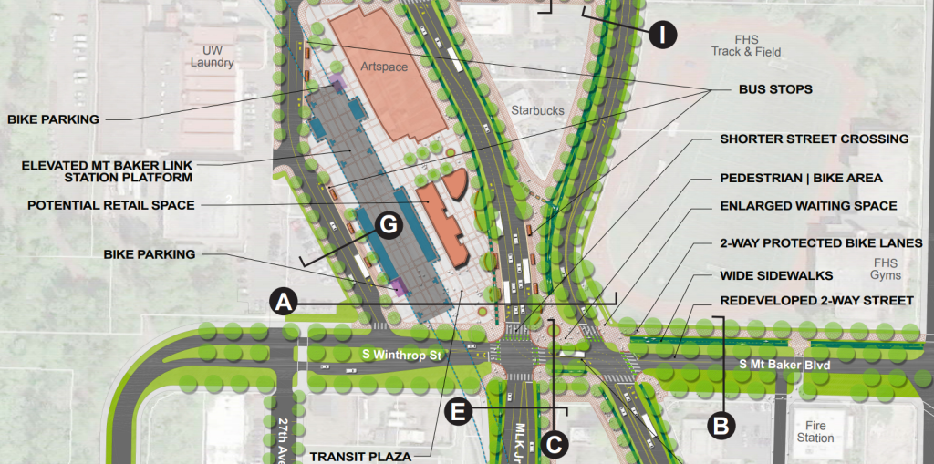 A rendering of MLK and Rainier shown with lots of trees but most importantly with significantly less pavement 