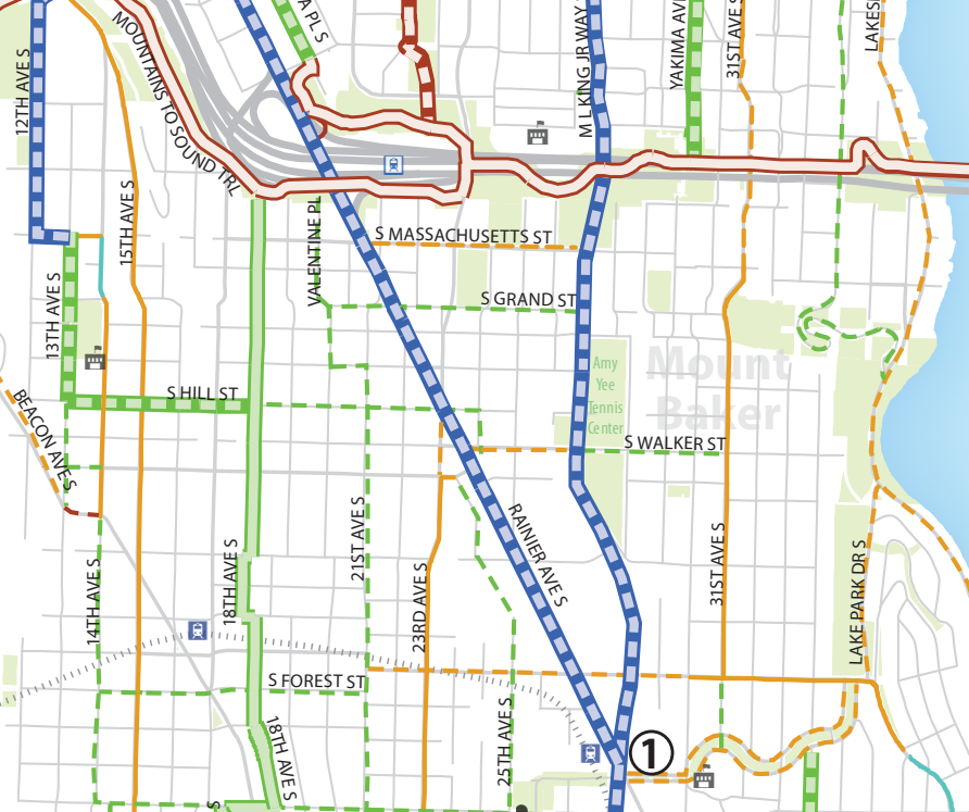 Bicycle Master Plan map from 2014 showing a protected bike lane (blue dashed line) on Rainier Ave