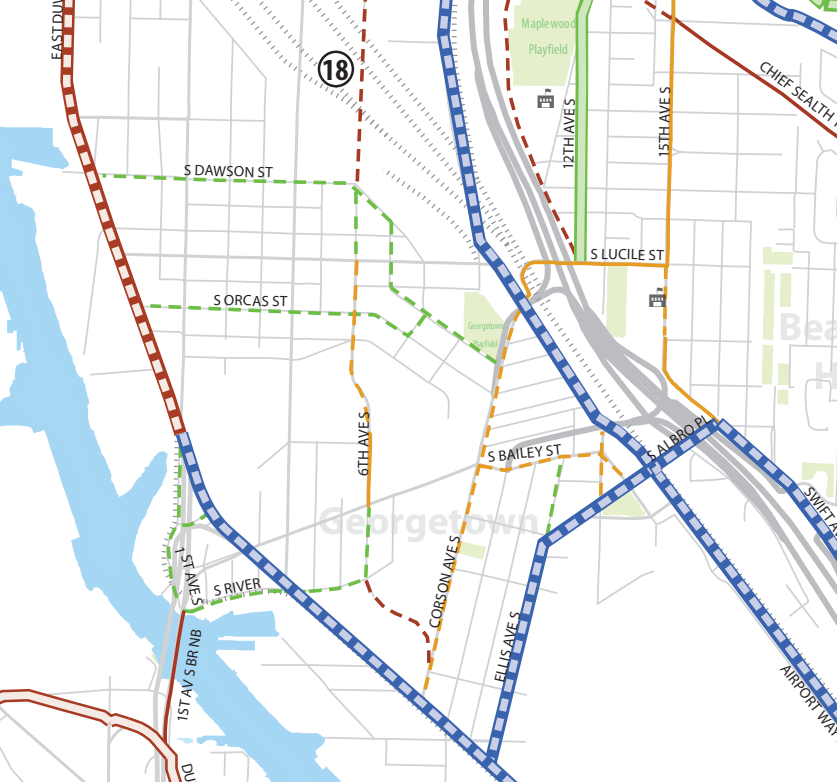 A map showing a bold blue line on Airport Way through Georgetown connecting